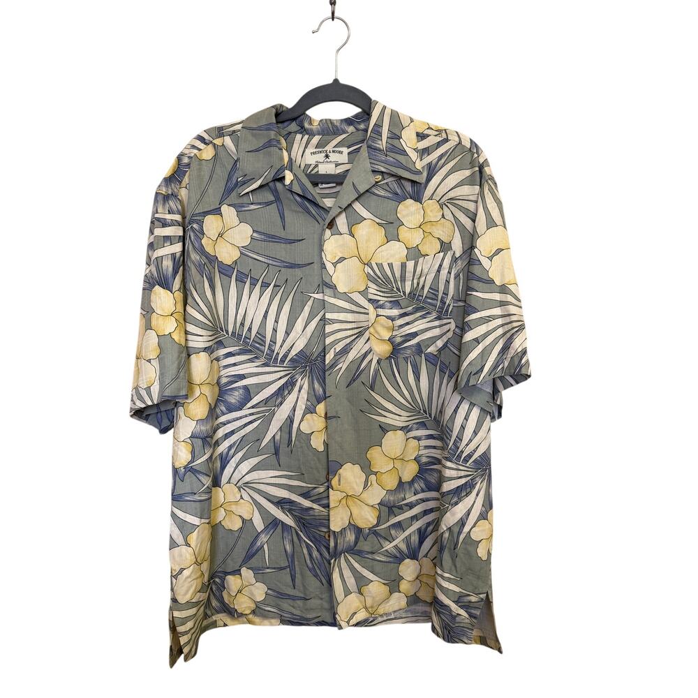 Preswick & Moore mens large 100% silk tropical hawaiian button up palm leaf
